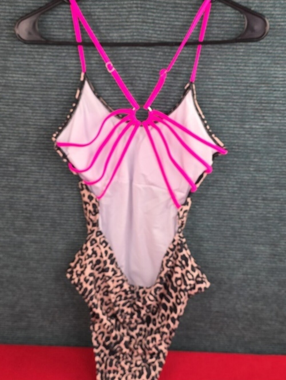 Leopard Print One Piece Bathing Suit Pink Strappy Backless Cut Outs Ring Linked - Picture 4 of 9